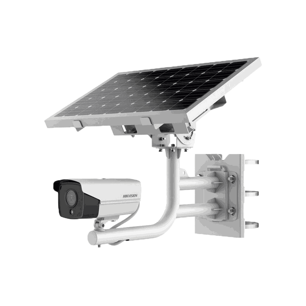 Caméra autonome solaire montée sur son panneau photovoltaïque, modèle Hikvision